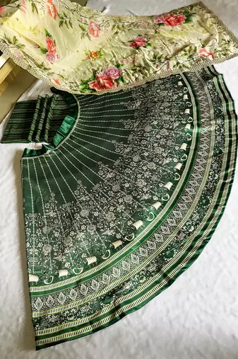 green Motif Print Satin SemiStitched Lehenga Choli With Unstitched sequin Work Blouse and Dupatta