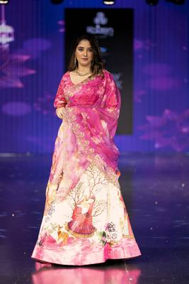 pink Motif Print Satin SemiStitched Lehenga Choli With Unstitched sequin Work Blouse and Dupatta 2