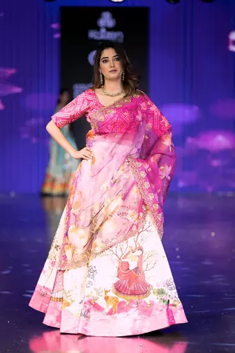 pink Motif Print Satin SemiStitched Lehenga Choli With Unstitched sequin Work Blouse and Dupatta