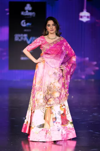 pink Motif Print Satin SemiStitched Lehenga Choli With Unstitched sequin Work Blouse and Dupatta