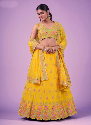 Yellow Real Mirror With Embroidered Georgette Lehenga Choli 1