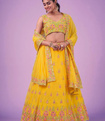 Yellow Real Mirror With Embroidered Georgette Lehenga Choli