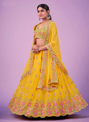 Yellow Real Mirror With Embroidered Georgette Lehenga Choli 2