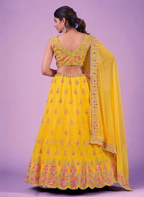 Yellow Real Mirror With Embroidered Georgette Lehenga Choli 3