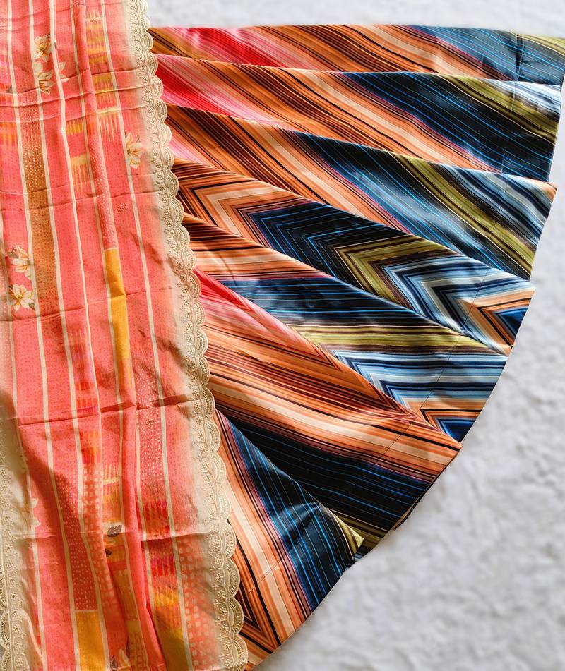 multicolor Motif Print Satin SemiStitched Lehenga Choli With Unstitched sequin Work Blouse and Dupatta