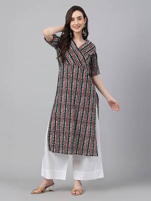Janasya women's black pure cotton geometric printed straight kurta 3
