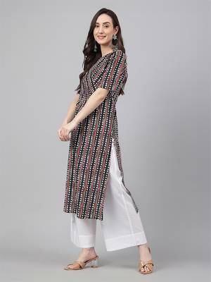 Janasya women's black pure cotton geometric printed straight kurta 4