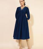 Janasya women's blue silk blend yoke embroidered a-line kurta