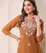 Janasya women's brown georgette embroidered straight kurta