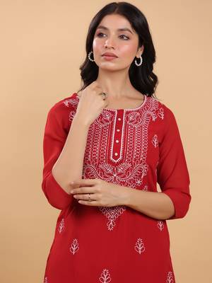 Janasya women's maroon georgette embroidered straight kurta 1