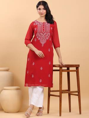 Janasya women's maroon georgette embroidered straight kurta 2