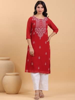 Janasya women's maroon georgette embroidered straight kurta 3