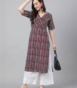 Janasya women's maroon pure cotton geometric printed straight kurta