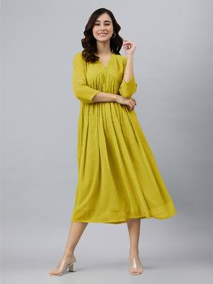 Janasya women's mustard dobby chiffon self design flared kurta 1