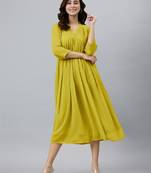 Janasya women's mustard dobby chiffon self design flared kurta