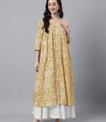 Janasya women's mustard pure cotton floral printed flared kurta