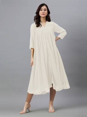 Janasya women's off white dobby chiffon self design flared kurta 1