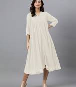 Janasya women's off white dobby chiffon self design flared kurta