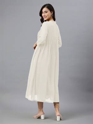 Janasya women's off white dobby chiffon self design flared kurta 4