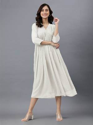 Janasya women's off white dobby chiffon self design flared kurta 1