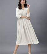 Janasya women's off white dobby chiffon self design flared kurta