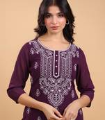 Janasya women's purple georgette embroidered straight kurta