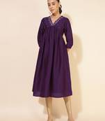 Janasya women's purple silk blend yoke embroidered a-line kurta