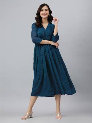 Janasya women's teal blue dobby chiffon self design flared kurta 1