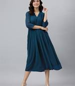 Janasya women's teal blue dobby chiffon self design flared kurta