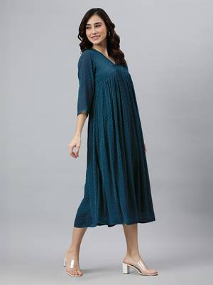 Janasya women's teal blue dobby chiffon self design flared kurta 2