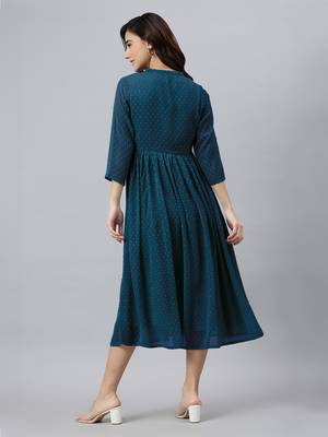 Janasya women's teal blue dobby chiffon self design flared kurta 4