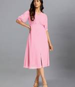 Janasya women's pink dobby chiffon self design a-line dress