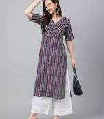 Janasya women's wine pure cotton geometric printed straight kurta