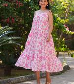 Janasya women's pink pure cotton abstract printed tiered dress