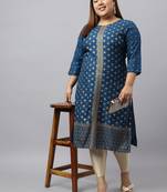 Janasya women's plus size dark blue rayon foil print straight kurta