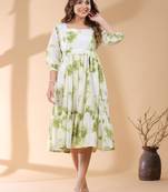 Janasya women's white & green pure cotton tie & dye tiered dress