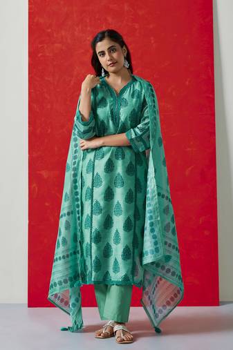 Green printed chanderi embroidered  suit set