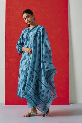 Blue printed chanderi embroidered suit set