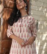 red Hand block printed straight cotton kurta set