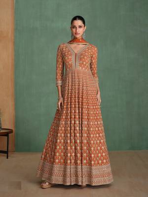 Coffee embroidered georgette free size anarkali salwar suit 1