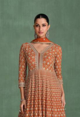 Coffee embroidered georgette free size anarkali salwar suit 2