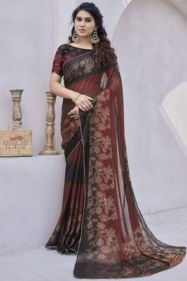 maroon floral print zari work chiffon ready to wear saree 1