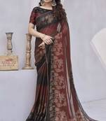 Maroon floral print zari work chiffon ready to wear saree