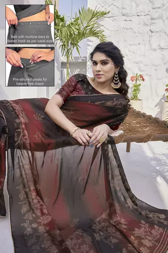 maroon floral print zari work chiffon ready to wear saree