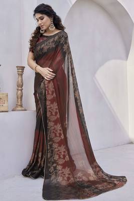 maroon floral print zari work chiffon ready to wear saree 3