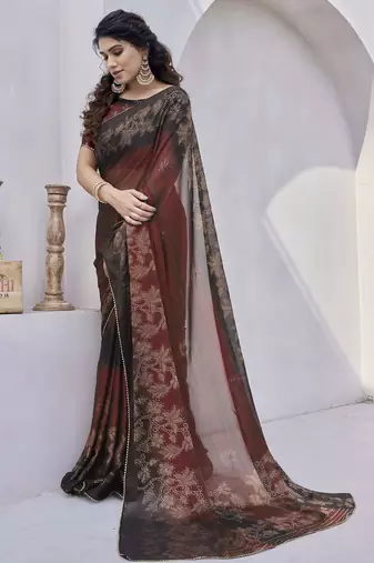 maroon floral print zari work chiffon ready to wear saree