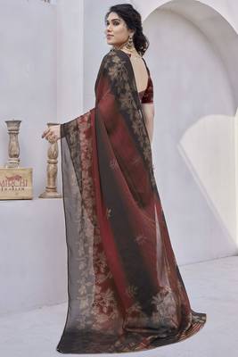 maroon floral print zari work chiffon ready to wear saree 4