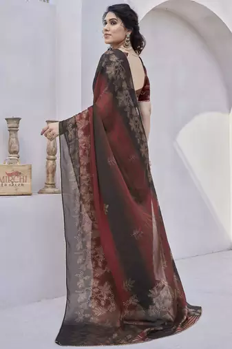 maroon floral print zari work chiffon ready to wear saree