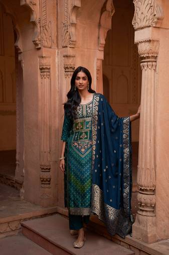 teal Dola Jacquard straight fit cotton silk kurta set 
