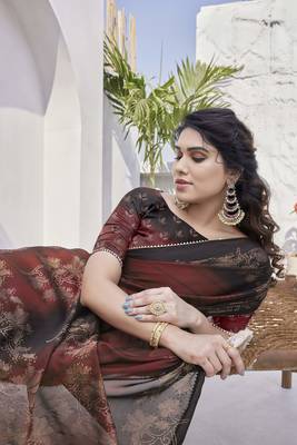 maroon floral print zari work chiffon ready to wear saree 5